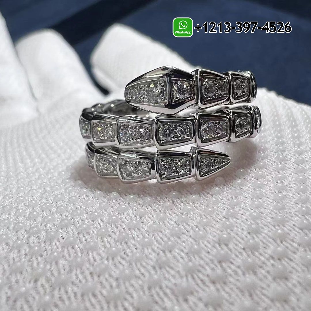 Bulgari Serpenti Viper two-coil 18 kt white gold ring with pavé diamonds 357268