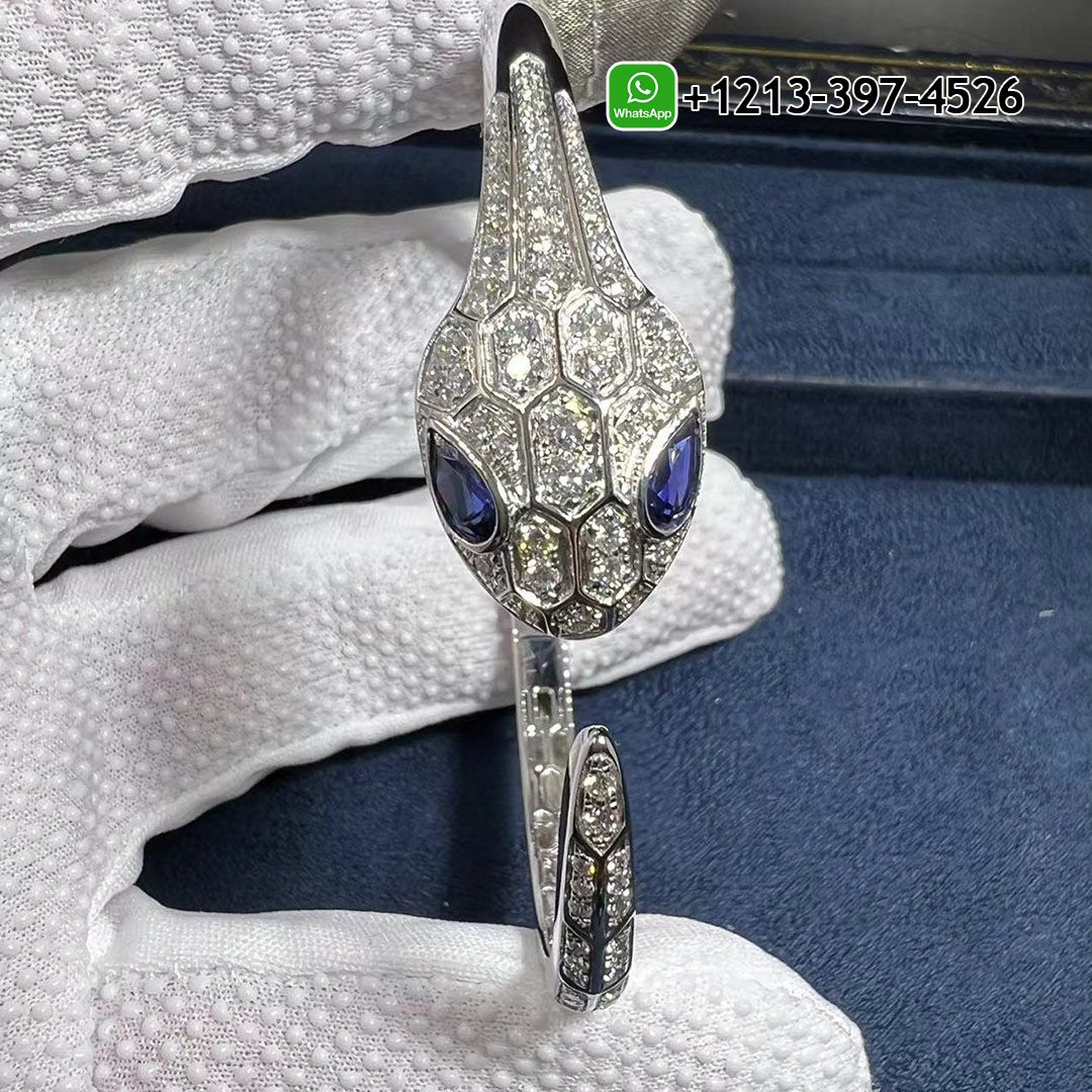 Bvlgari 18k White Gold Set with Blue Sapphire Eyes and Pavé Diamonds Serpenti Bangle Bracelet 354100