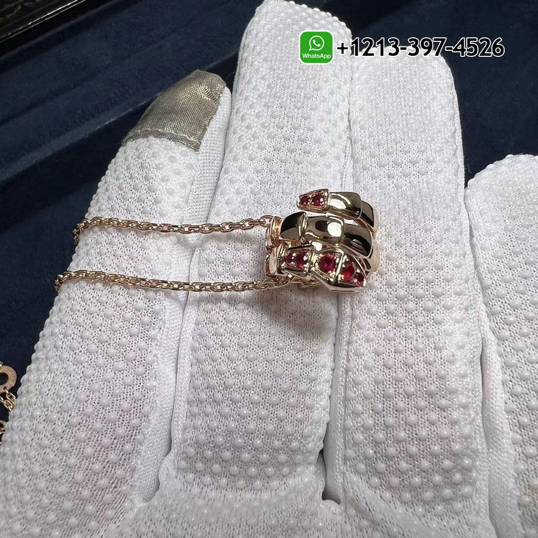 Custom Bulgari Serpenti Viper Pendant Necklace In 18 Kt Rose Gold, Set With Pavé Ruby on the Head and Tail
