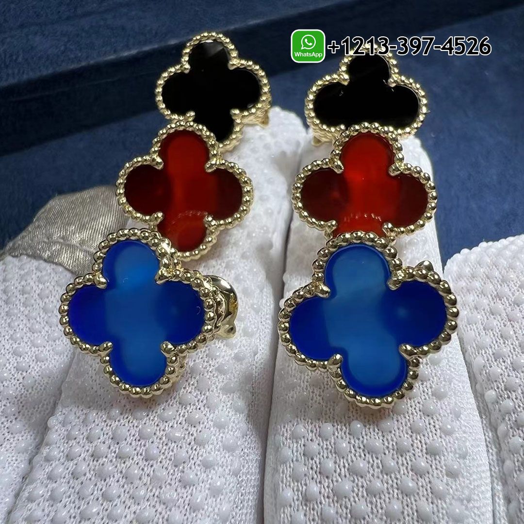 Custom Made Van Cleef & Arpels Vintage Alhambra Blue Agate 18K Yellow Gold Earrings
