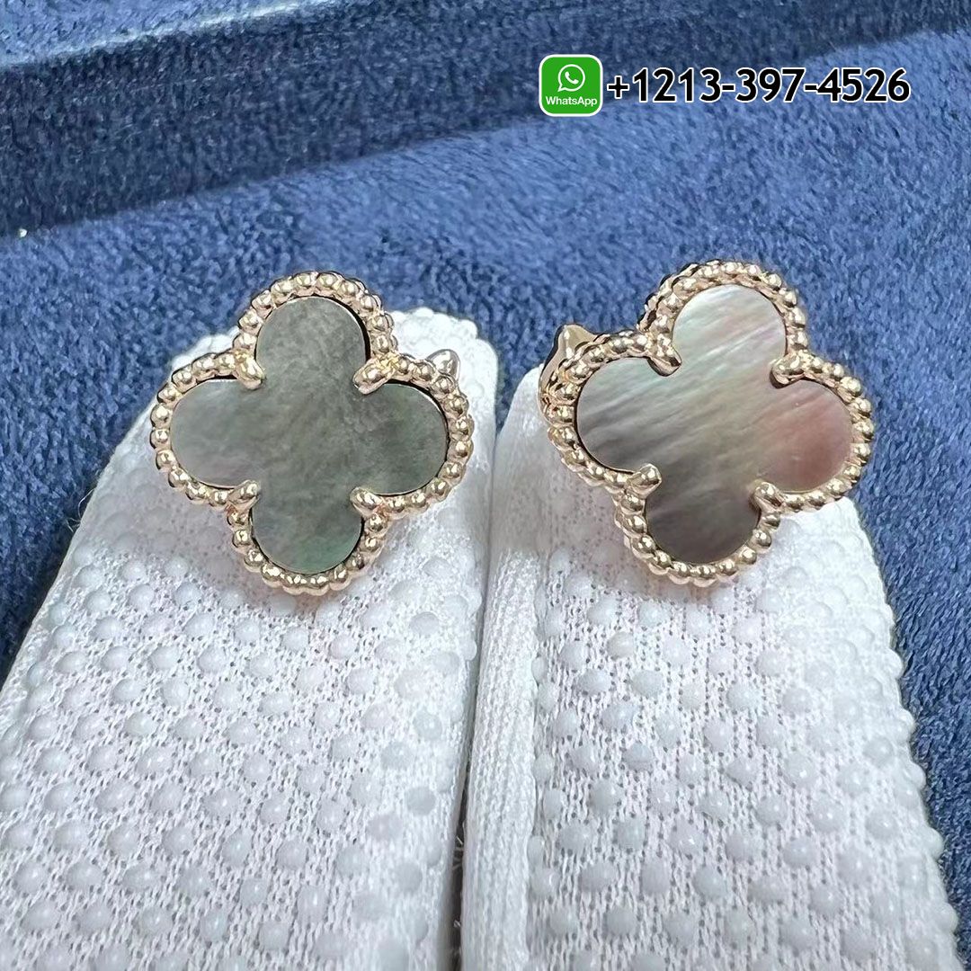 Custom Made Van Cleef & Arpels Vintage Alhambra Grey Mother of Pearl 18K Rose Gold Earrings