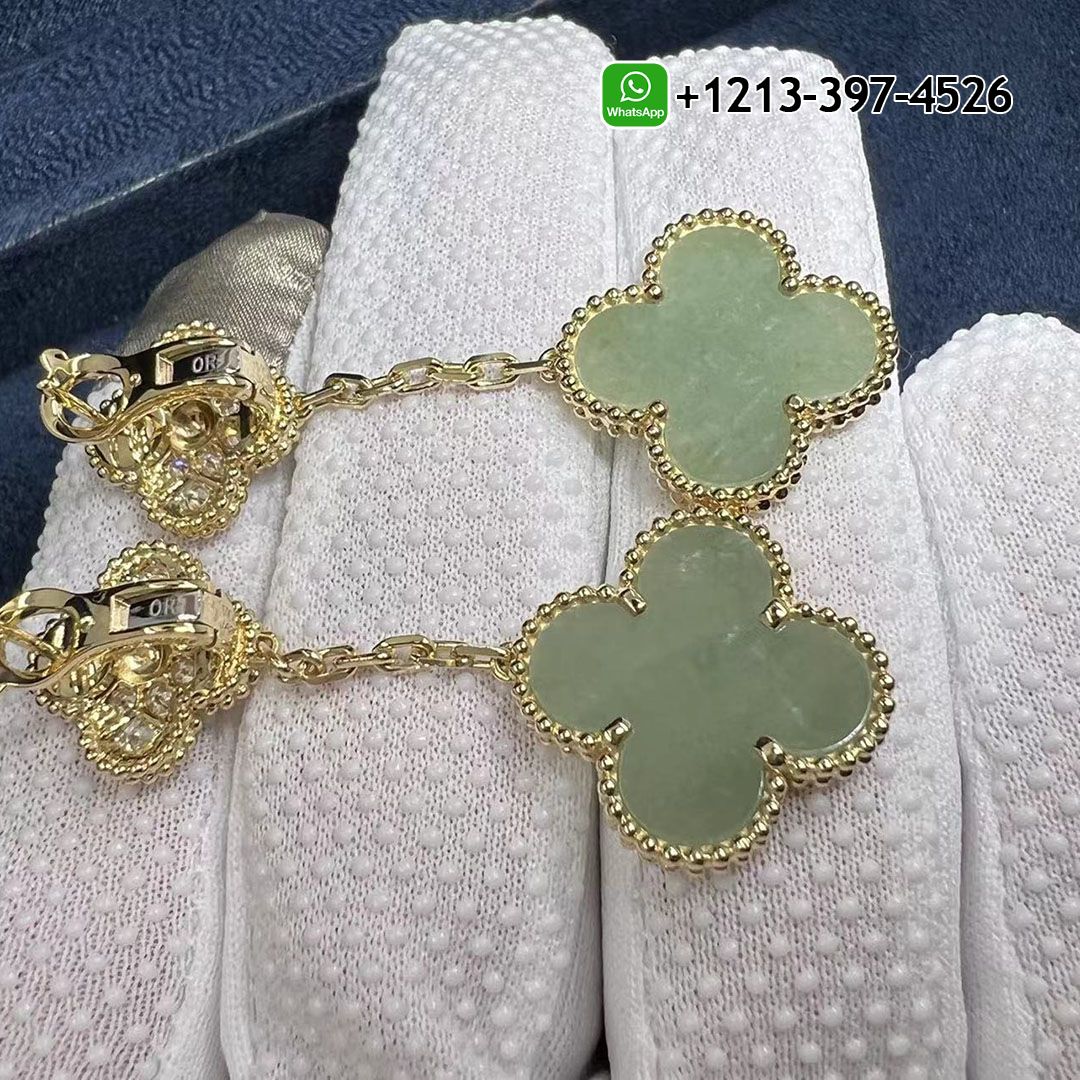 Custom Made Van Cleef Magic Alhambra 18k Yellow Gold 2 Motifs Jade & Diamond Earrings