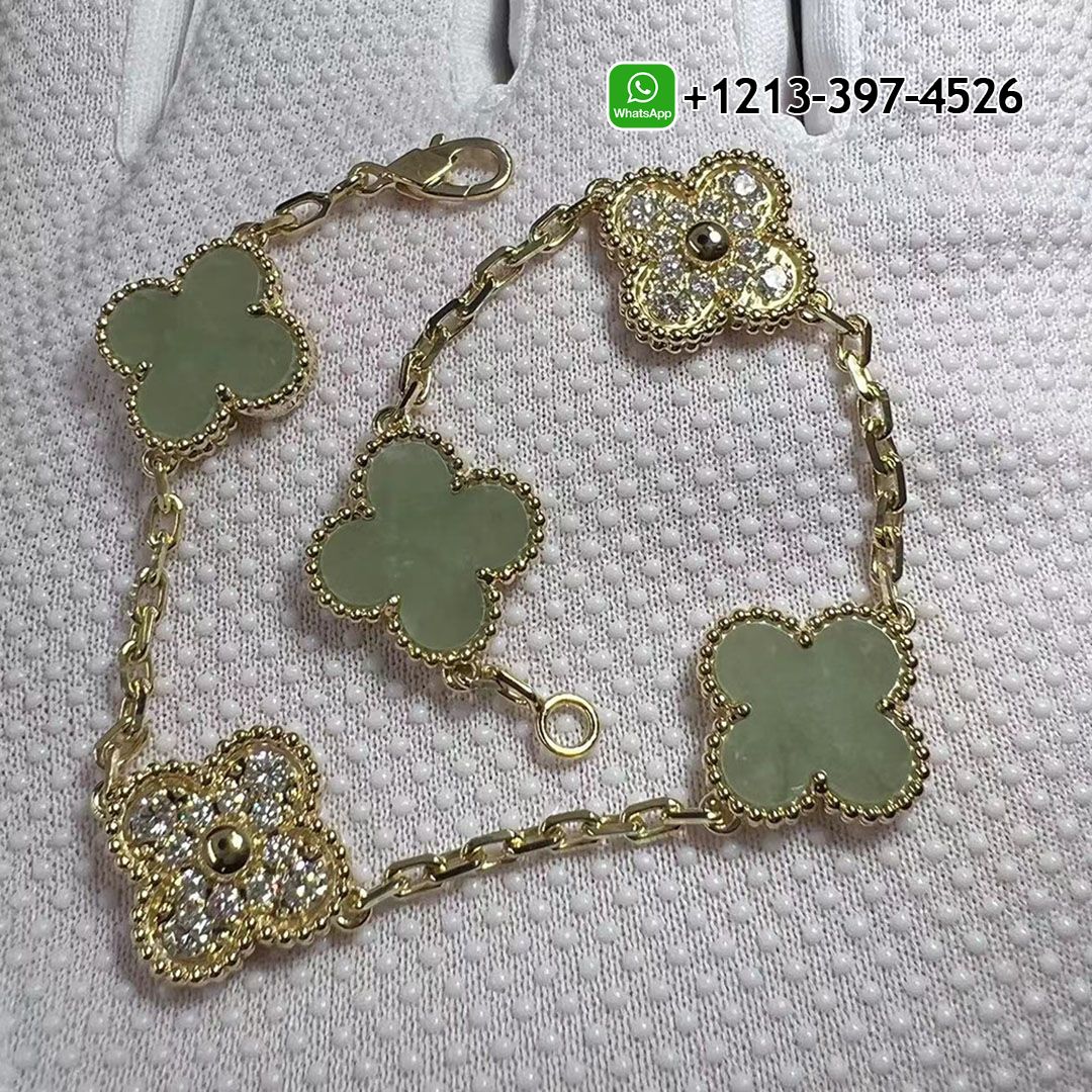 Custom Made Van Cleef Vintage Alhambra 18K Yellow Gold Jade & Diamond 5 Motifs Bracelet