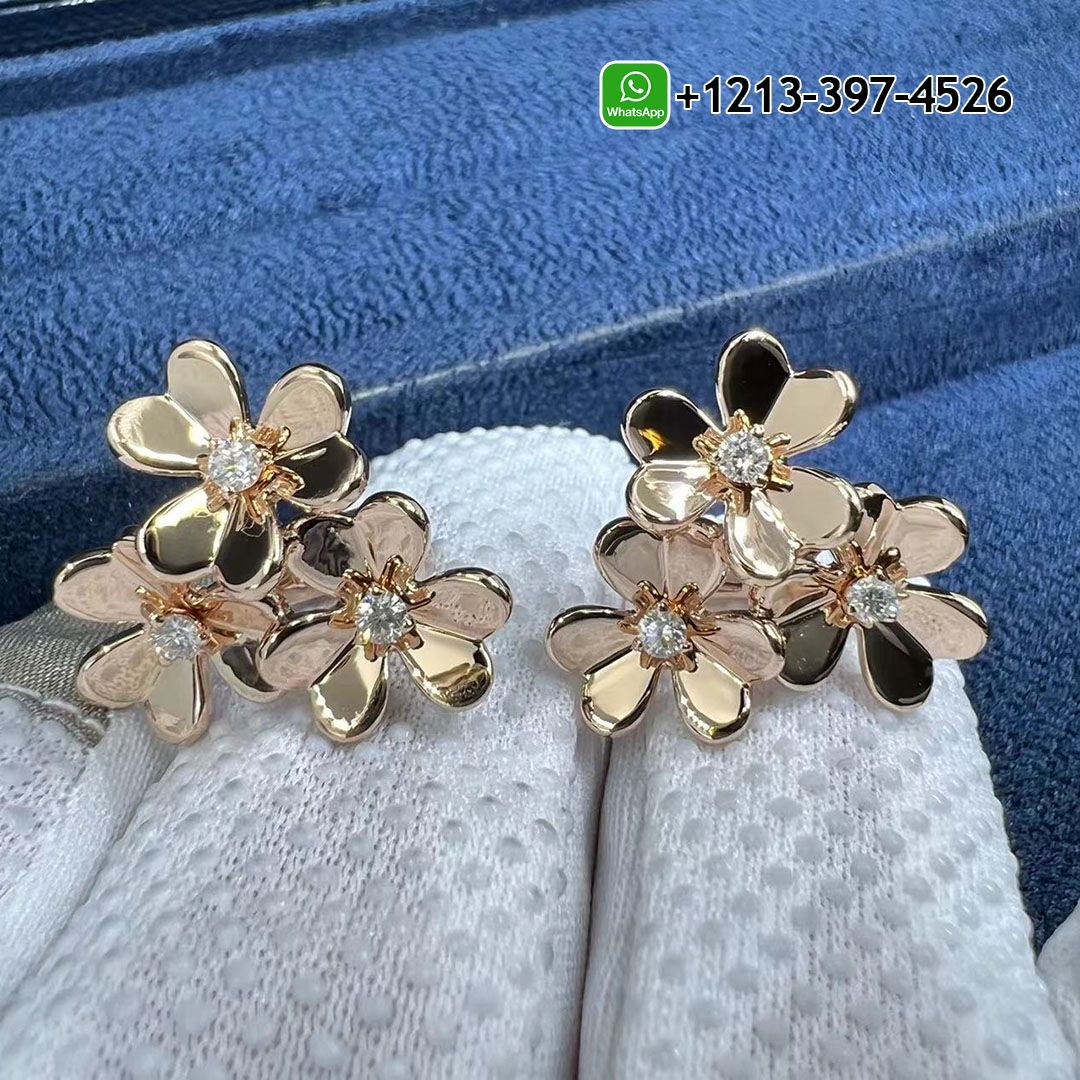 Custom Van Cleef 18k Rose Gold Diamond 3 Flowers Mini Frivole Earrings