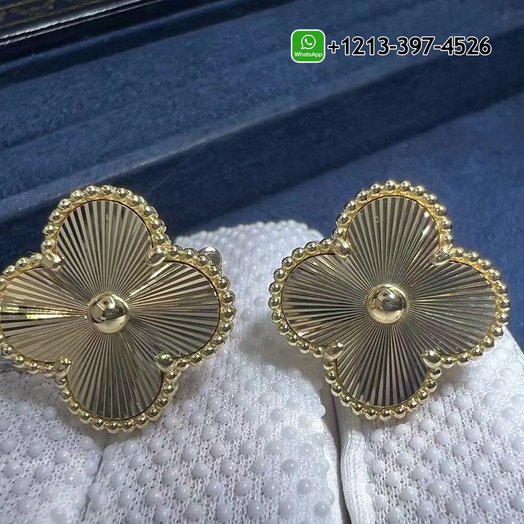 Custom Van Cleef Magic Alhambra Guilloché 18K Yellow Gold Earrings