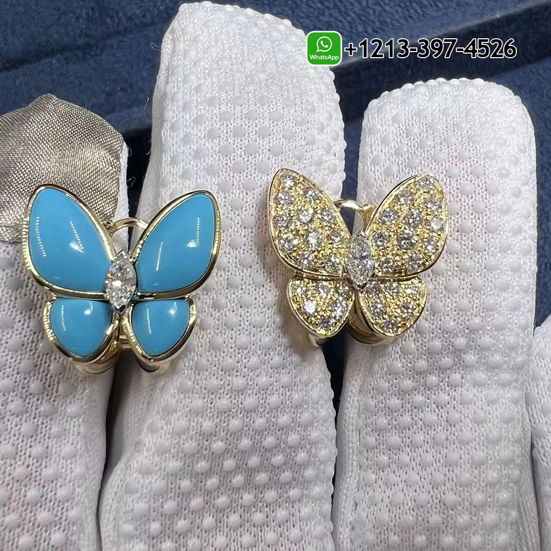 Van Cleef 18K Yellow Gold Turquoise and Diamonds Two Butterfly Earrings VCARP7US00