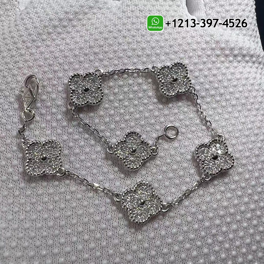 Van Cleef & Arpels Sweet Alhambra 6 Motifs 18K White Gold Pave Diamond Bracelet VCARO85700