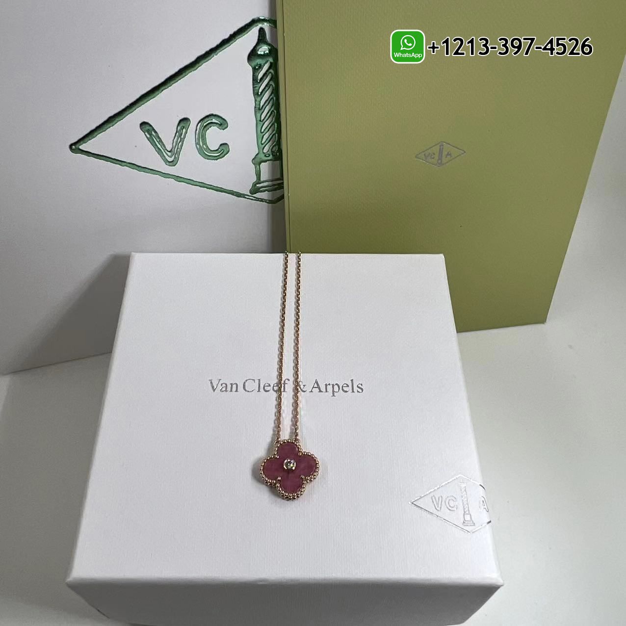 Van Cleef & Arpels Vintage Alhambra 18K Rose Gold Rhodonite Diamond Pendant Necklace VCARP7TD00