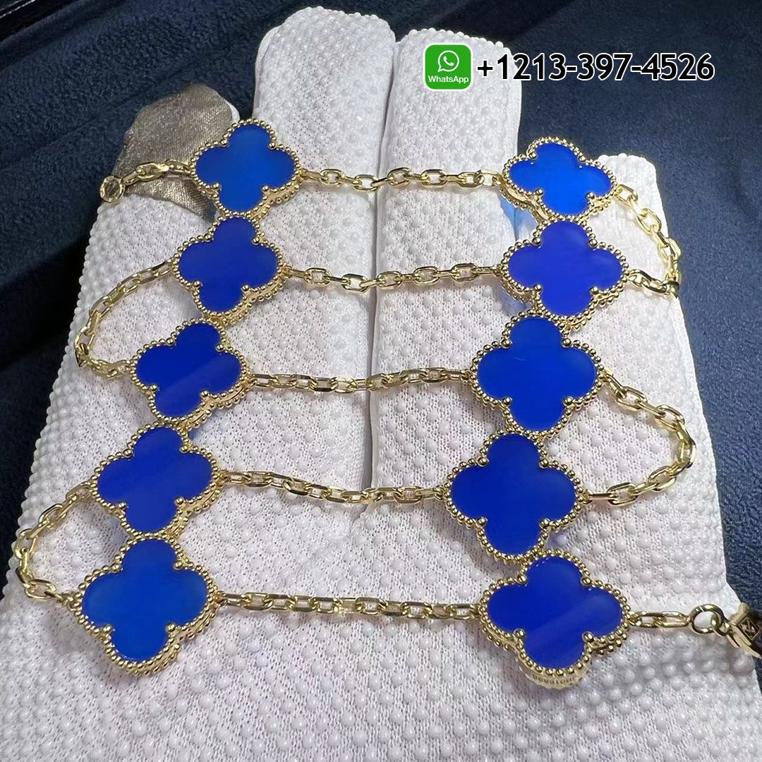 Van Cleef & Arpels Vintage Alhambra Blue Agate 10 Motif 18k Yellow Gold Necklace VCARP34800