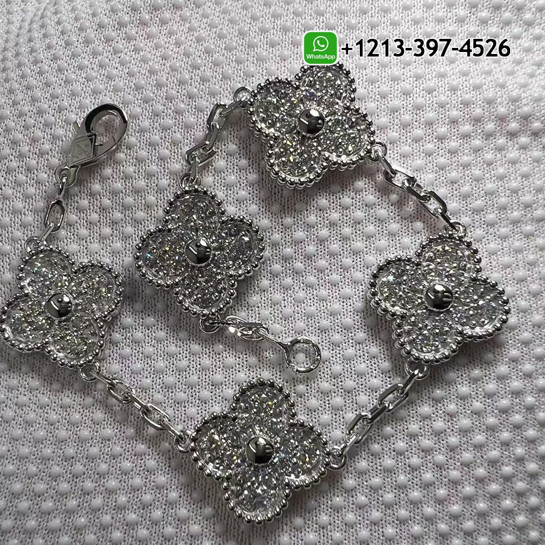 Van Cleef & Arpels Vintage Alhambra Pave Diamond 18k White Gold 5 Motif Bracelet VCARA41500