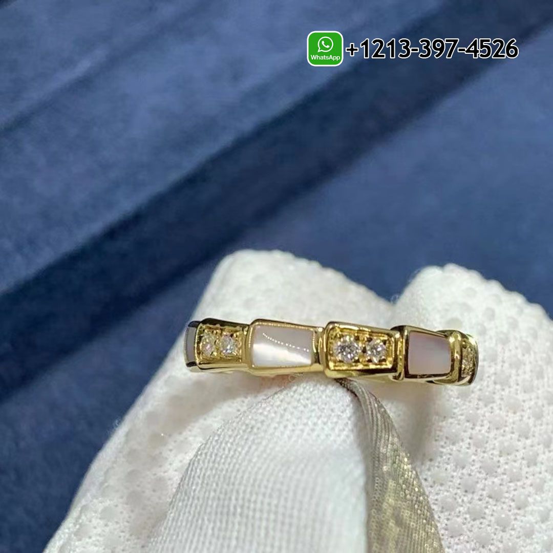 Bulgari Serpenti Viper band Ring in 18 kt yellow gold with Mother of Pearls and pavé diamonds Ref.: 353225