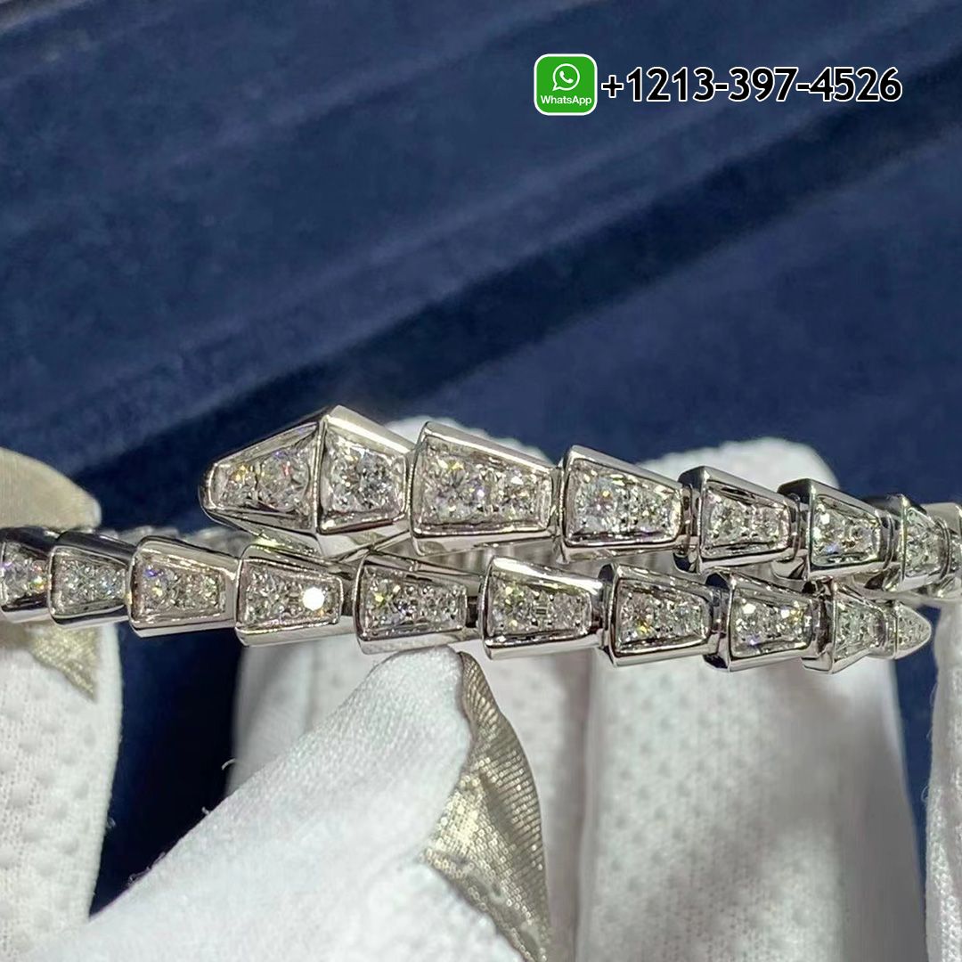 Bvlgari 18k White Gold Full Pavé Diamonds Serpenti One-coil Slim Bracelet 351845