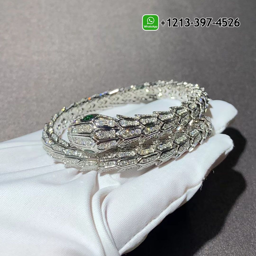 Bvlgari Serpenti 18k White Gold Pave Diamond & Emerald Eyes Bracelet 356903