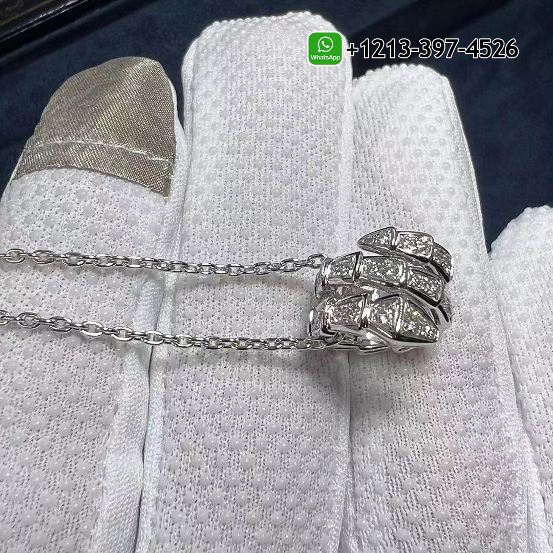Bvlgari Serpenti Viper Full Pave Diamond 18k White Gold Pendant Necklace 357796