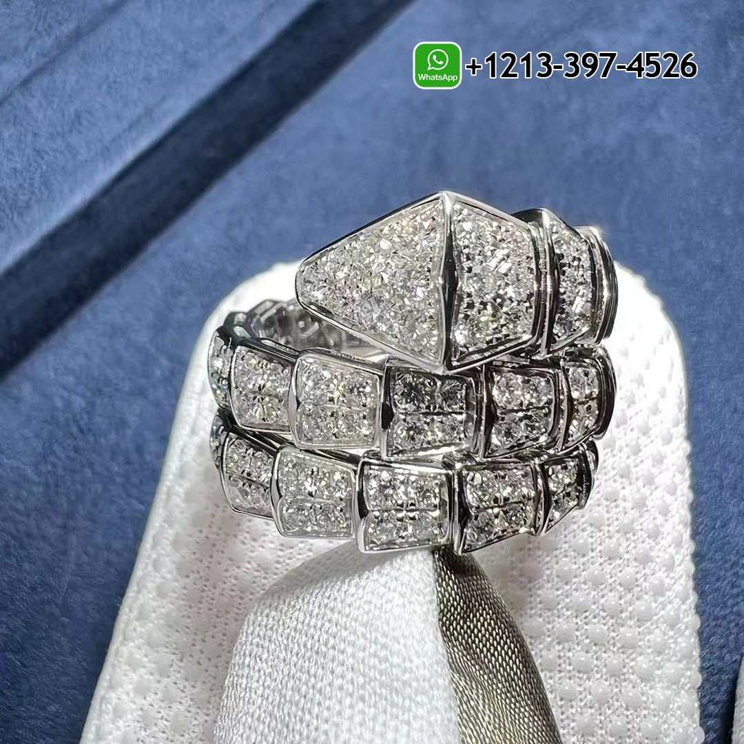 Bvlgari Serpenti Viper Two-Coil 18K White Gold Full Diamond Paved Snake Ring