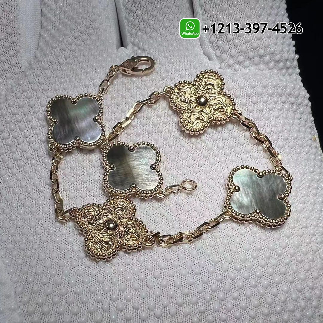 Custom Van Cleef 18k Rose Gold Vintage Alhambra Gray Mother of Peal 5 Motifs Bracelet