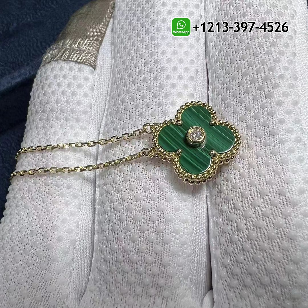 Custom Van Cleef & Arpels 18K Yellow Gold Diamond Malachite Vintage Alhambra Holiday Pendant Necklace