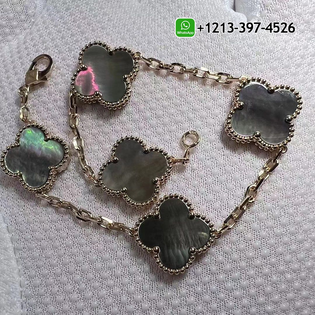 Custom Van Cleef & Arpels Vintage Alhambra 5 Motifs Gray Mother of Peal 18K Rose Gold Bracelet