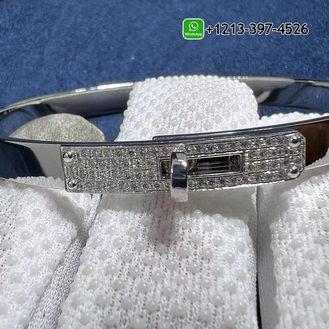 Hermes Kelly Diamond 18k White Gold Small Model Bangle Bracelet H214462B 00ST