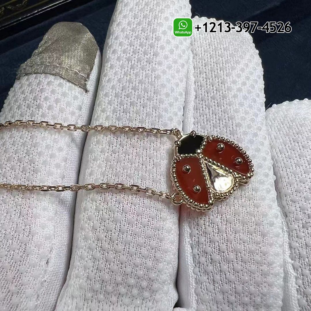 VCA 18k Rose Gold Lucky Spring Open Wings Ladybug Carnelian & Onyx Necklace VCARP9X000