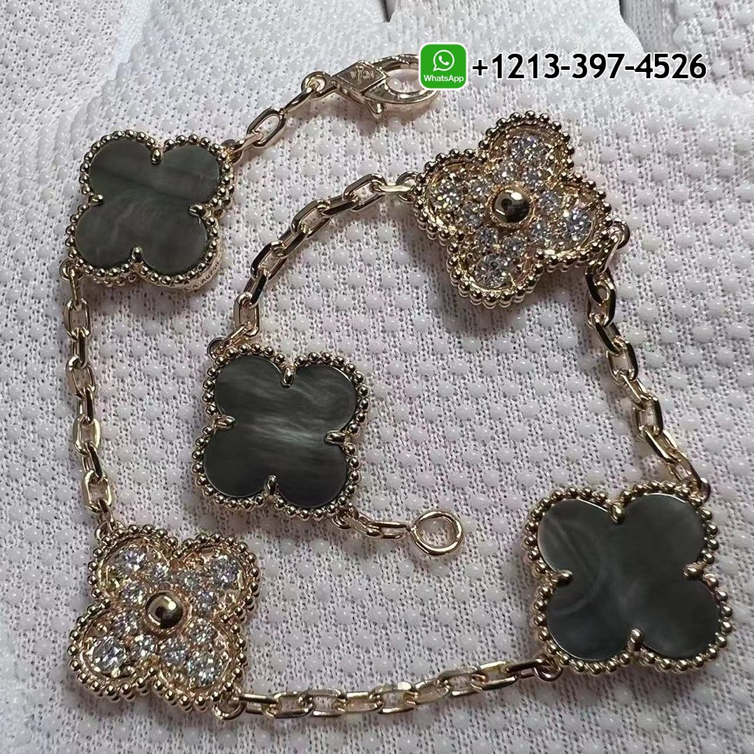 Van Cleef 18k Rose Gold Vintage Alhambra Gray Mother of Peal & Diamond 5 Motifs Bracelet VCARP2R100