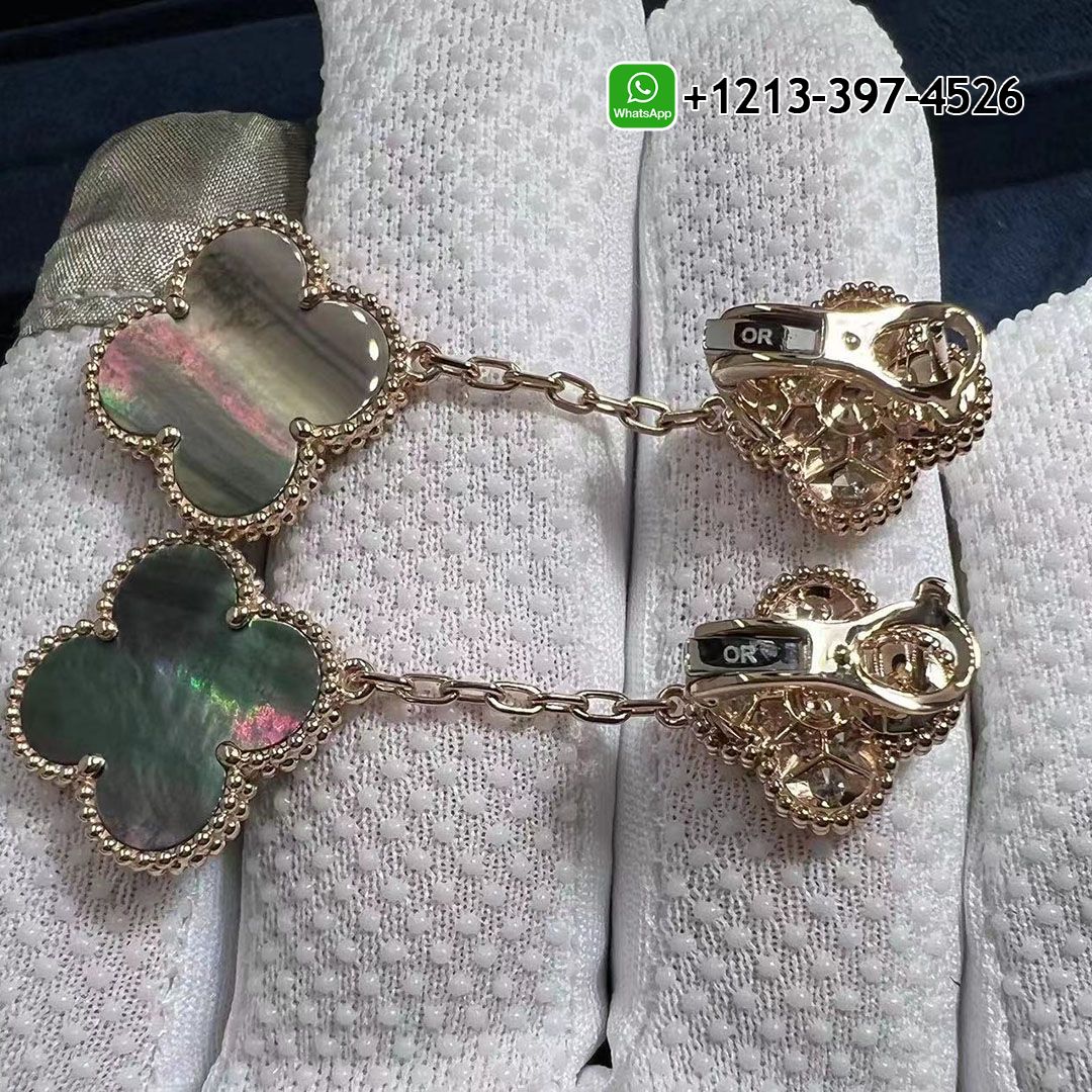 Van Cleef & Arpels 18K Rose Gold Diamond Grey Mother of Pearl Magic Alhambra 2 Motifs Earrings VCARP2R200