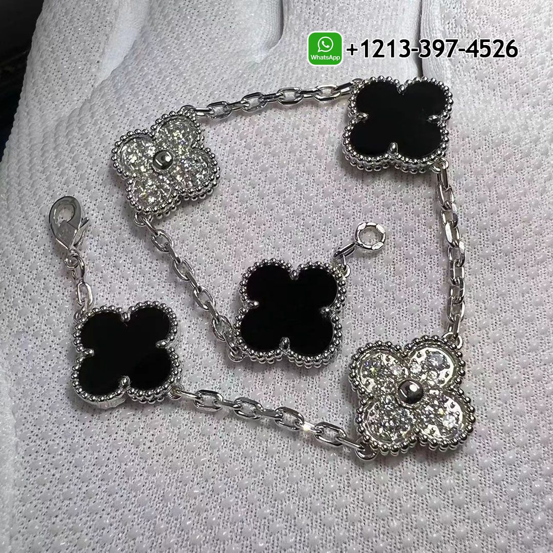 Van Cleef & Arpels 18K White Gold 5 Motifs Diamond & Onyx Vintage Alhambra Bracelet VCARP2R900