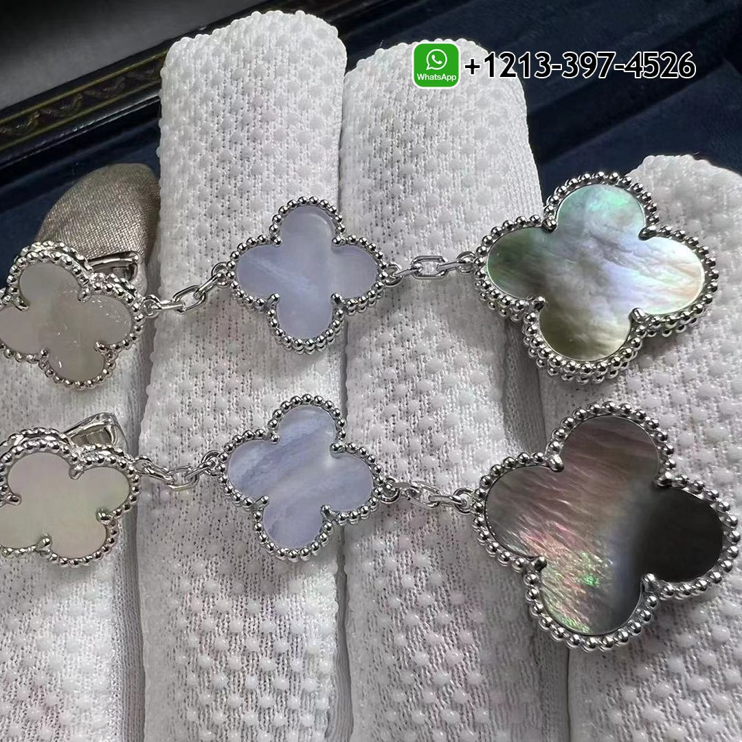 Van Cleef & Arpels 18K White Gold Mother of Pearl Chalcedony 3 Motifs Drop Magic Alhambra Earrings VCARN18800