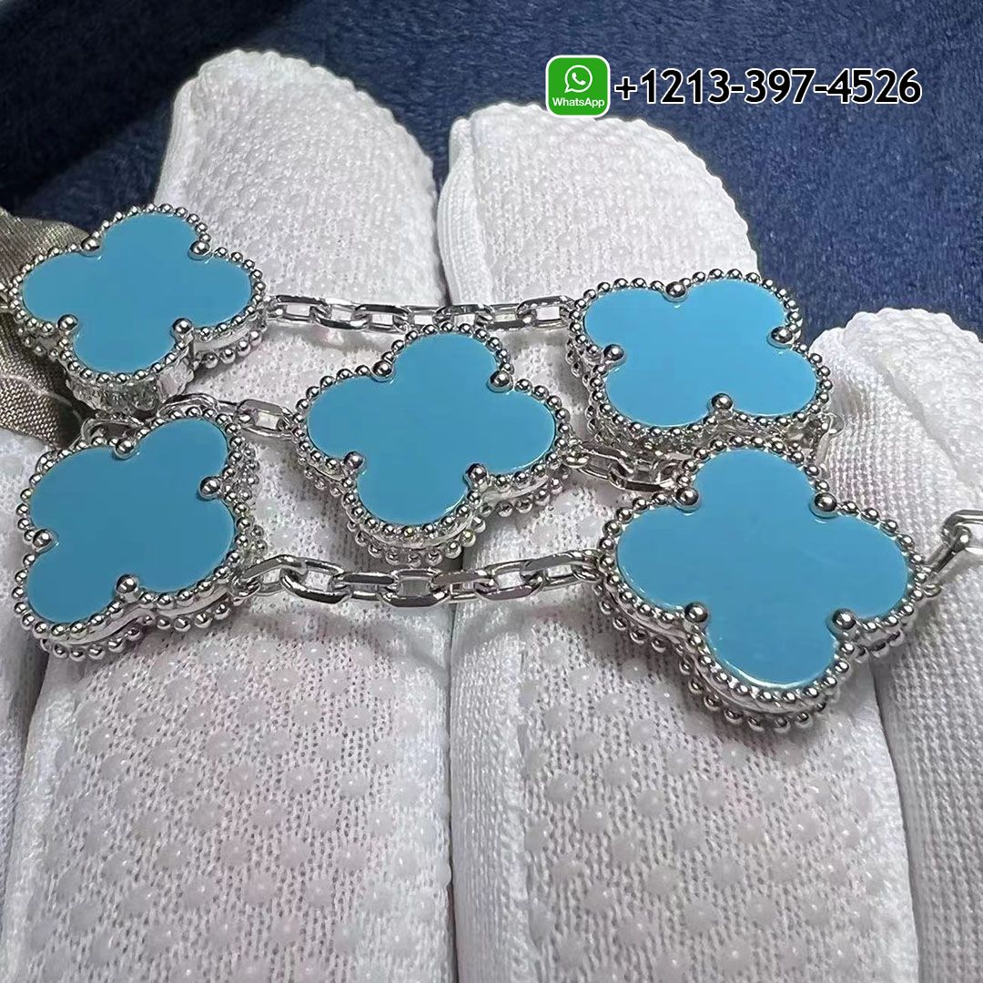 Van Cleef & Arpels 18K White Gold and Turquoise 5 Motifs Alhambra Vintage Bracelet