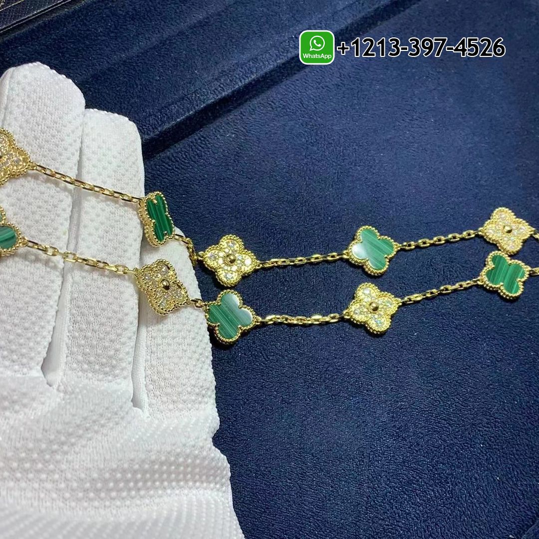 Van Cleef & Arpels 18K Yellow Gold Diamond Malachite 10 Motifs Vintage Alhambra Necklace VCARO9J400