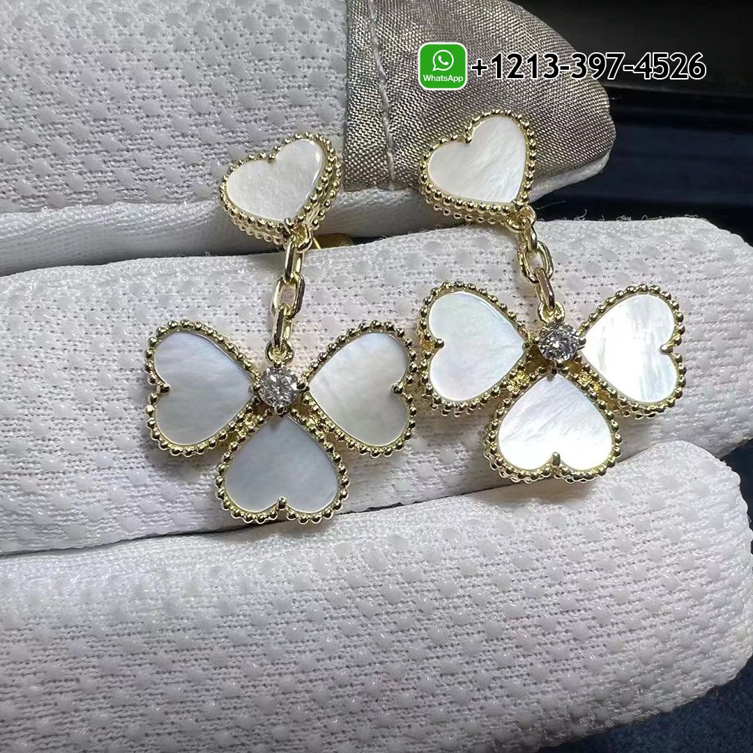 Van Cleef & Arpels 18K Yellow Gold Diamond Mother of Pearl Sweet Alhambra Effeuillage Heart Earrings VCARN5PQ00