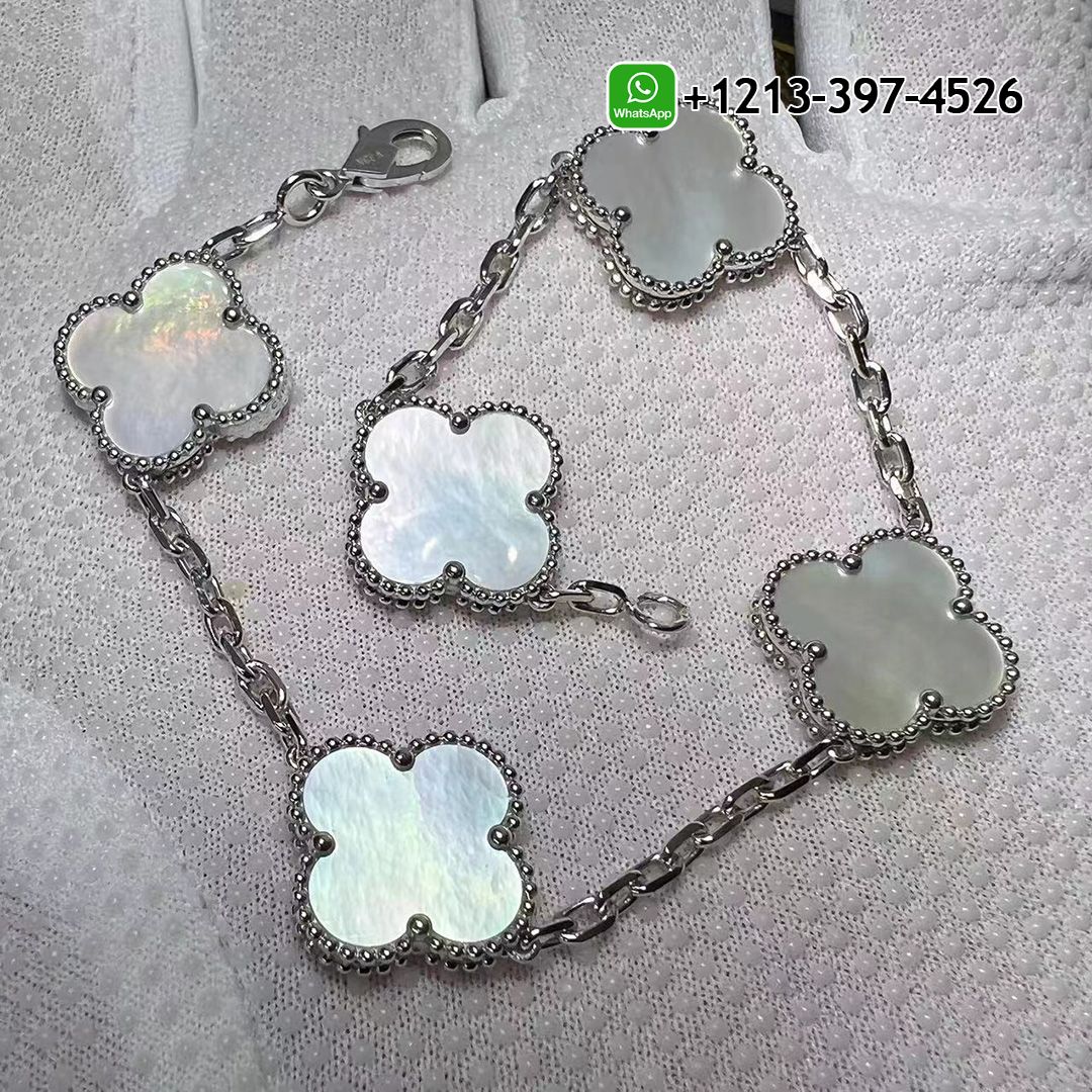 Van Cleef & Arpels 18k White Gold 5 Motif Mother Of Pearl Vintage Alhambra Bracelet VCARF48400