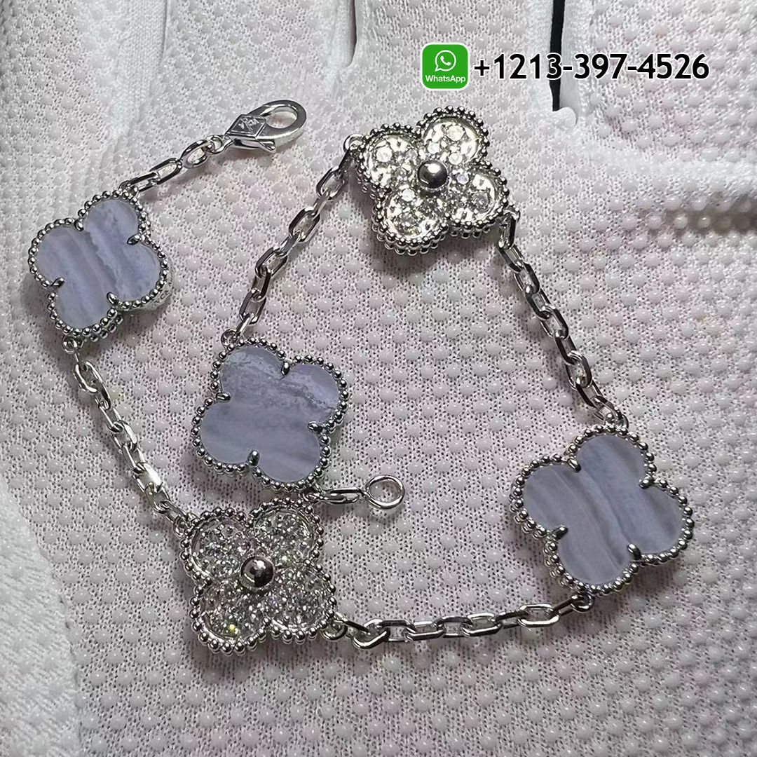 Van Cleef & Arpels 18k White Gold Chalcedony and Diamond Vintage Alhambra 5 Motif Bracelet