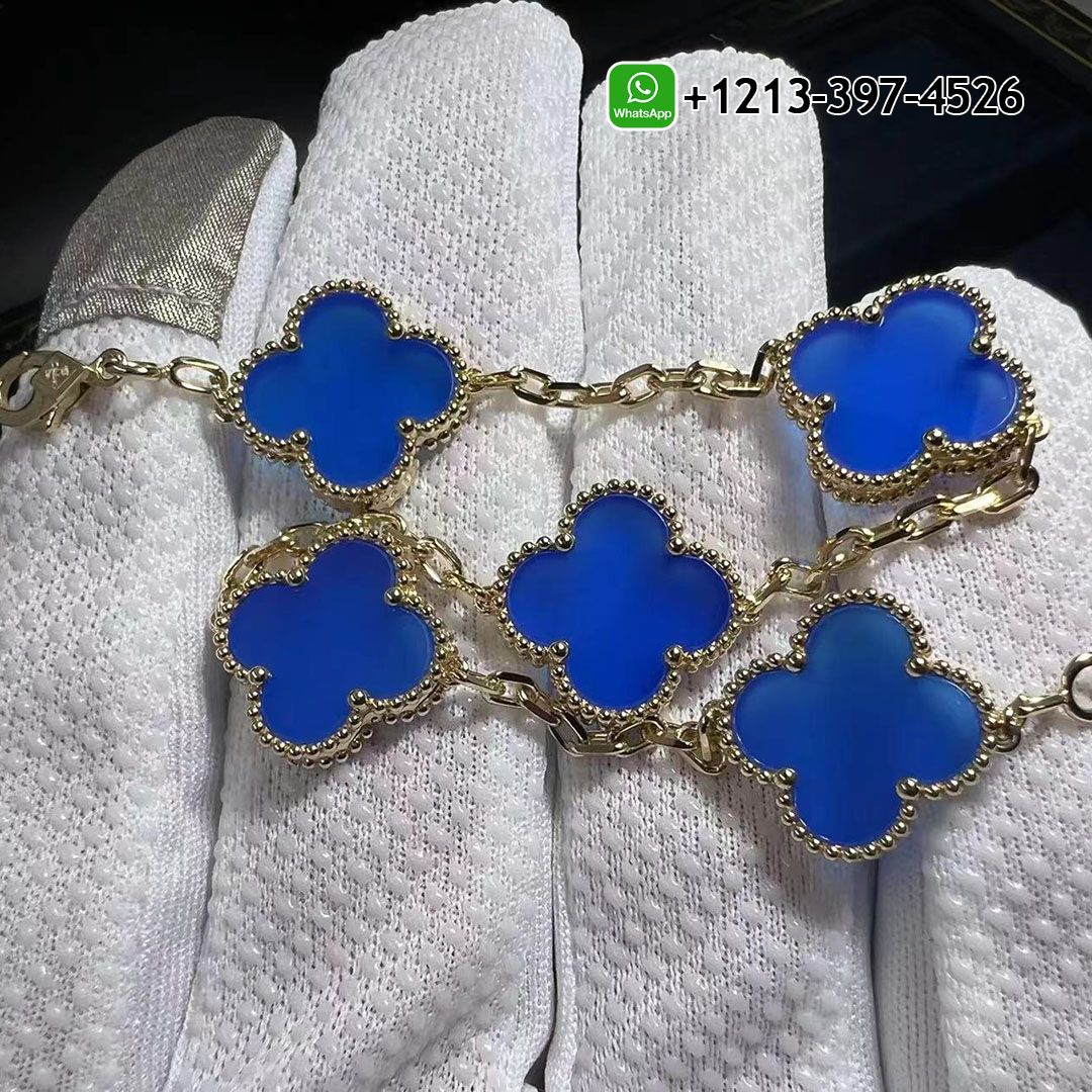 Van Cleef & Arpels 18k Yellow Gold Blue Agate 5 Motif Vintage Alhambra Bracelet VCARP34900