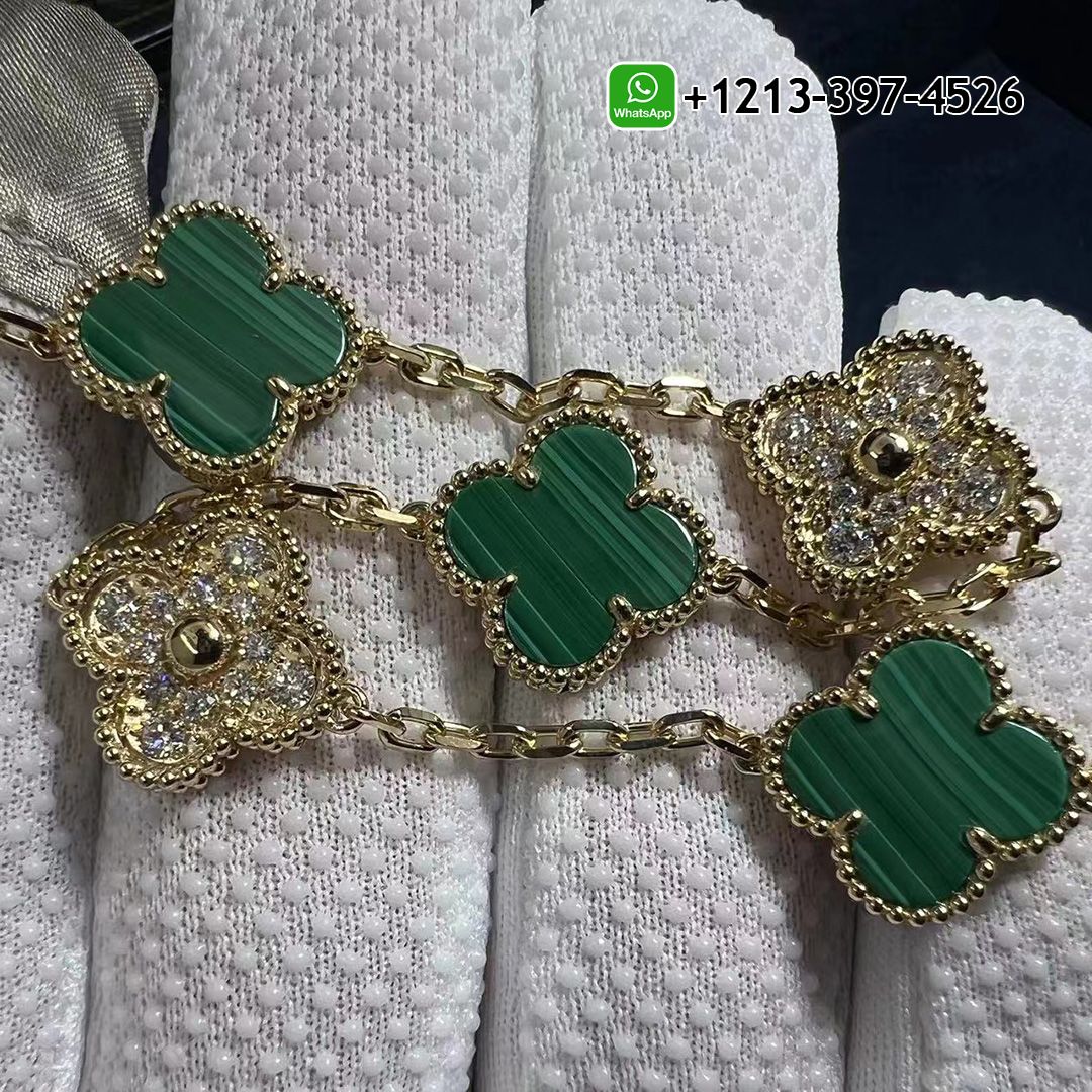 Van Cleef & Arpels 18k Yellow Gold Malachite & Diamond 5 Motifs Vintage Alhambra Bracelet VCARO7GQ00