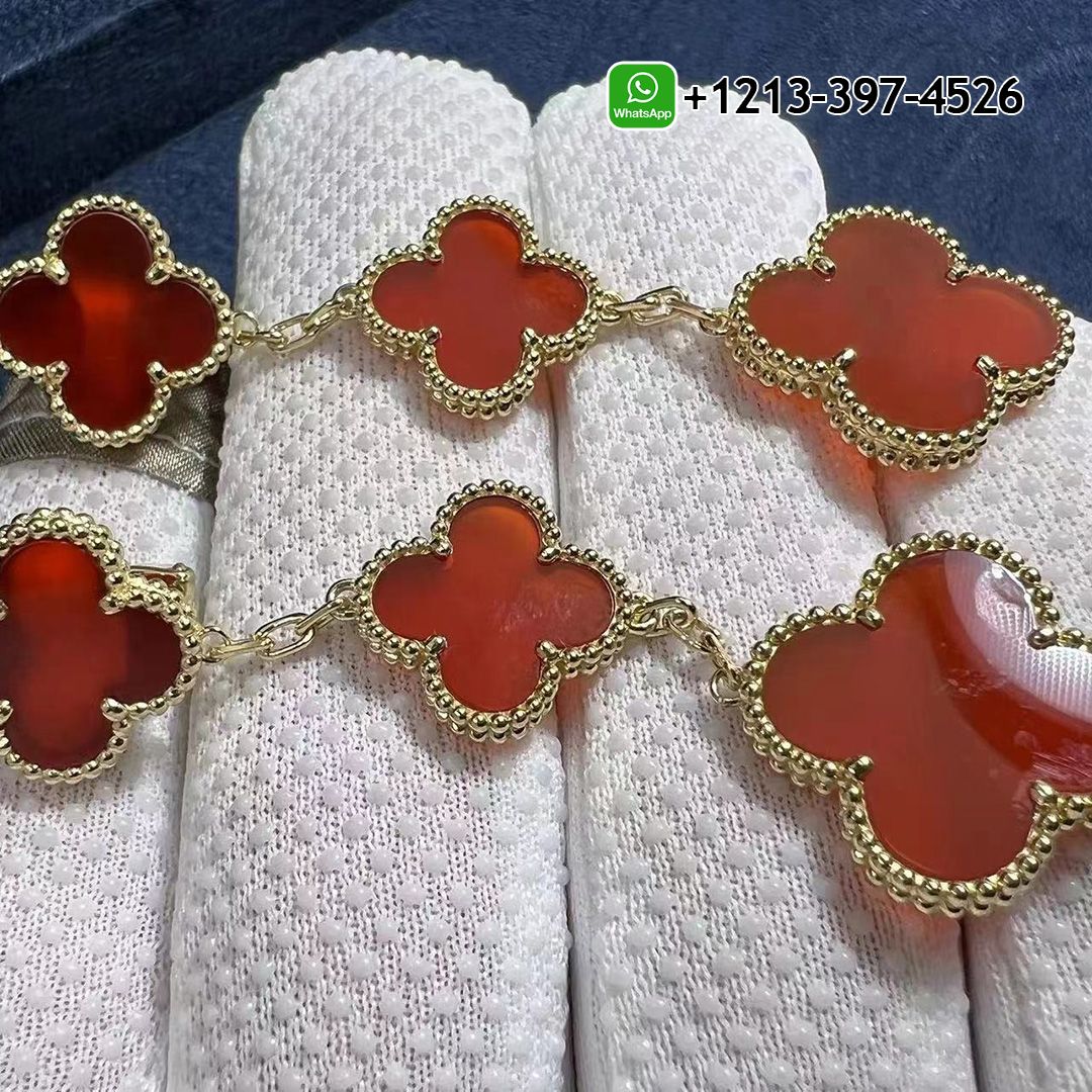 Van Cleef & Arpels Magic Alhambra 18k Yellow Gold Carnelian 3-Motifs Earrings