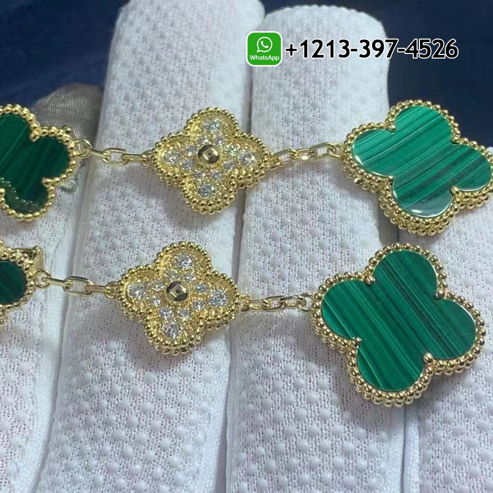 Van Cleef & Arpels Magic Alhambra 3 Motifs Diamond Malachite 18K Yellow Gold Earrings VCARO9II00