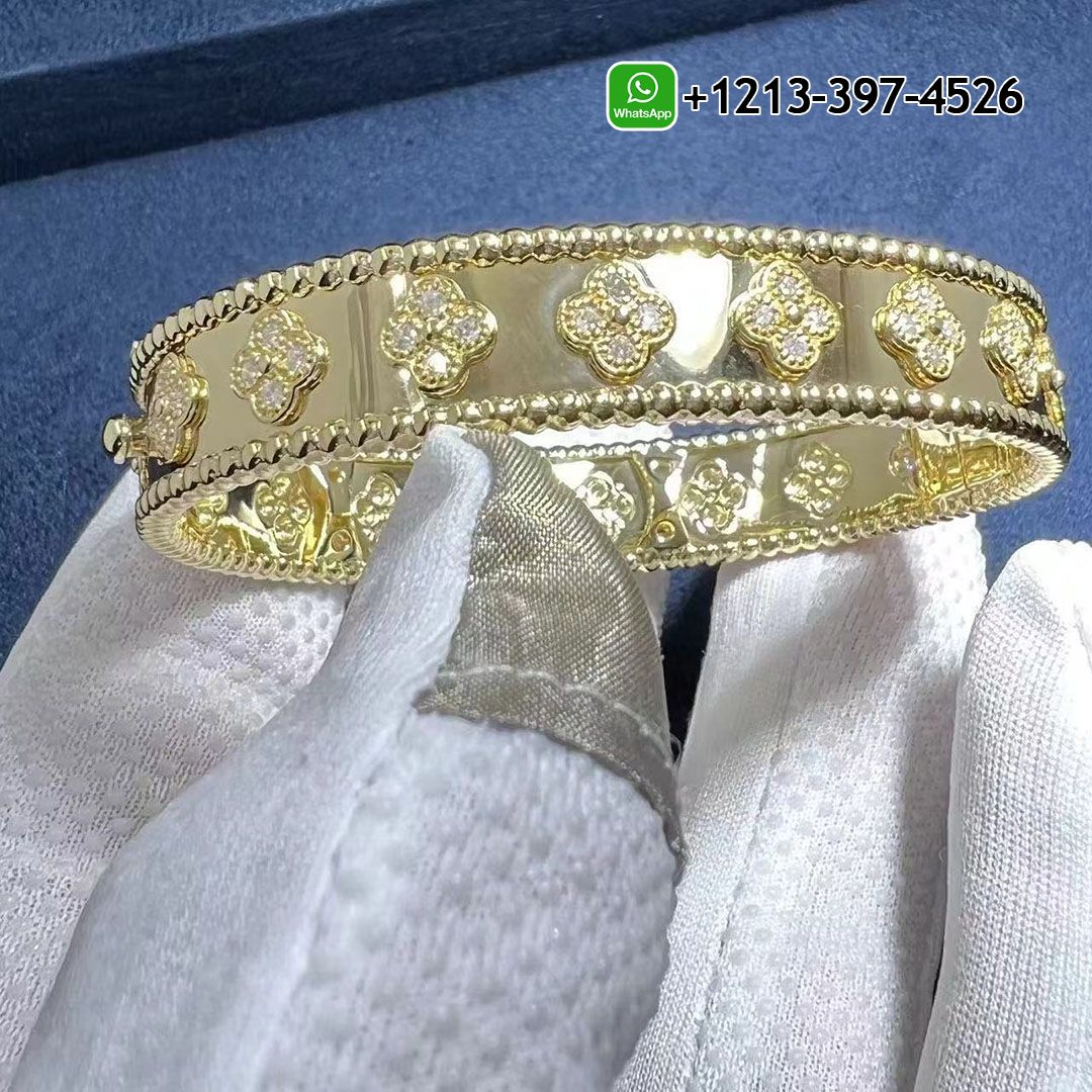 Van Cleef & Arpels Perlée Clovers Diamond 18k Yellow Gold Bangle Bracelet VCARO3YB00