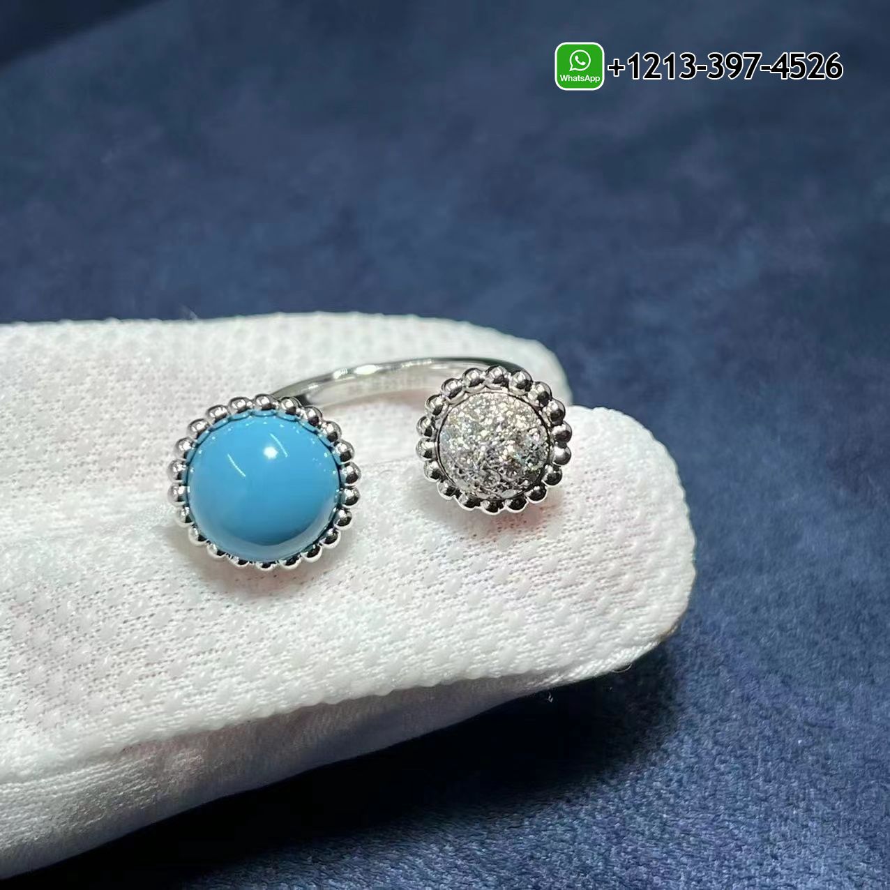 Van Cleef & Arpels Perlée Couleurs Turquoise Diamonds 18k White Gold Between the Finger Ring VCARO9SW00