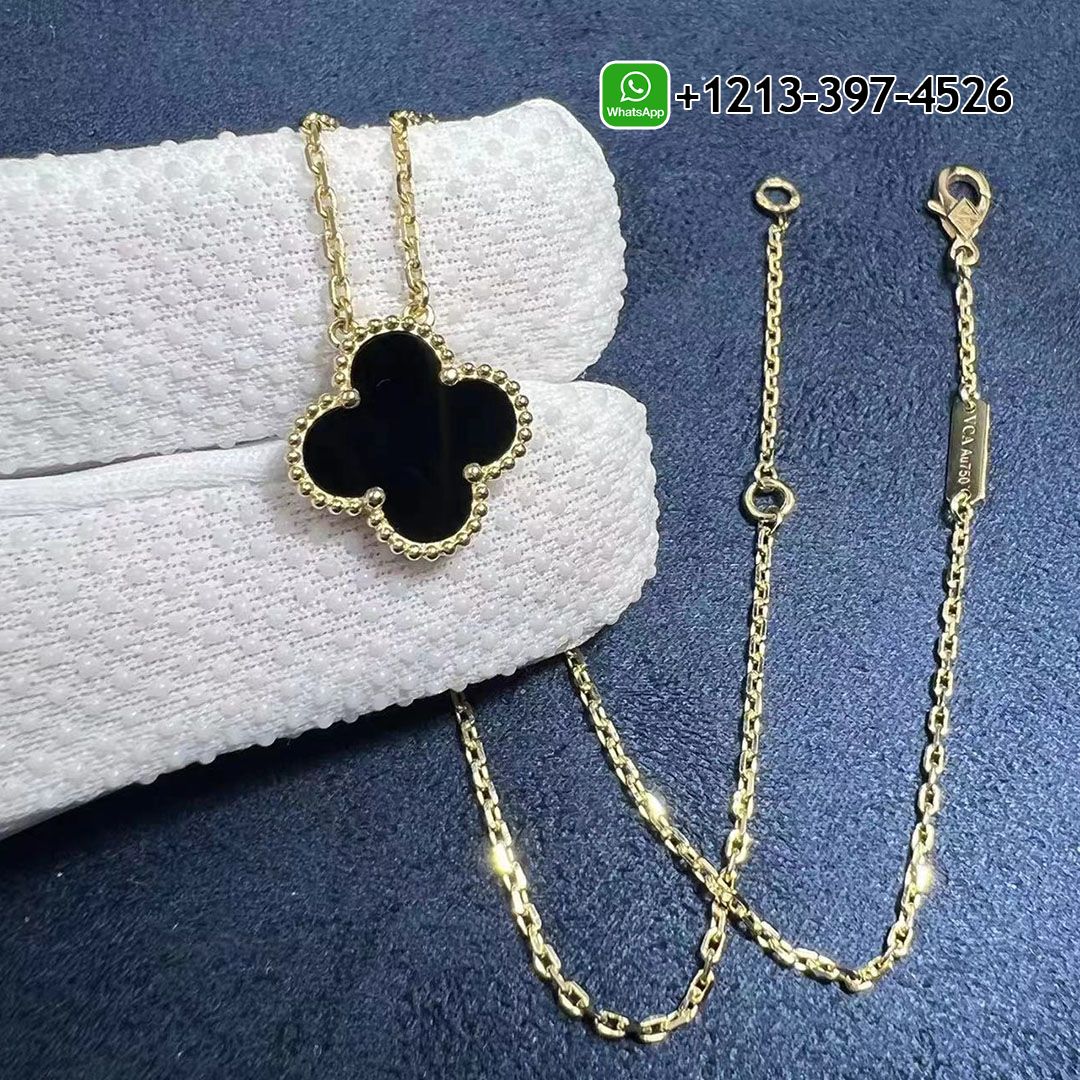 Van Cleef & Arpels Vintage Alhambra Onyx 18k Yellow Gold Pendant Necklace VCARA45800