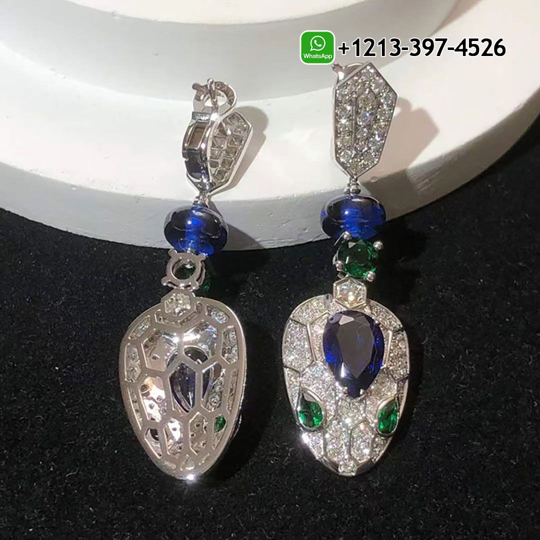 Bulgari Serpenti 18K White Gold Blue Sapphires, Emeralds and Pave Diamonds Drop Earrings