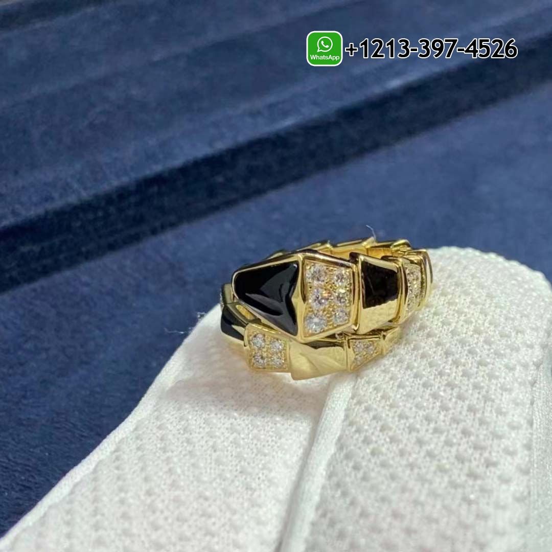 Bulgari Serpenti Viper 18K Yellow Gold Onyx And Demi Pavé Diamonds One-Coil Ring