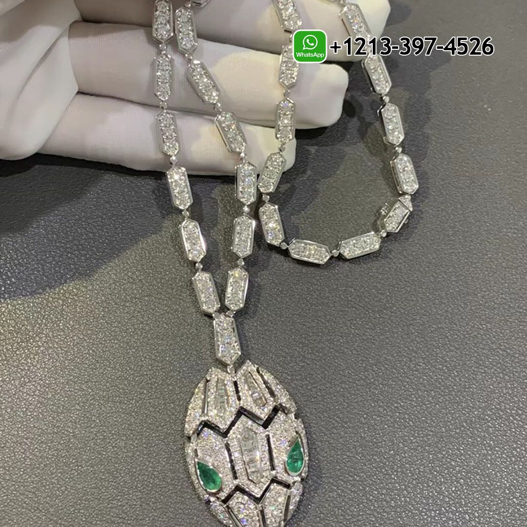 Bvlgari 18k White Gold Full Pave Diamond Emerald Eyes Serpenti Necklace