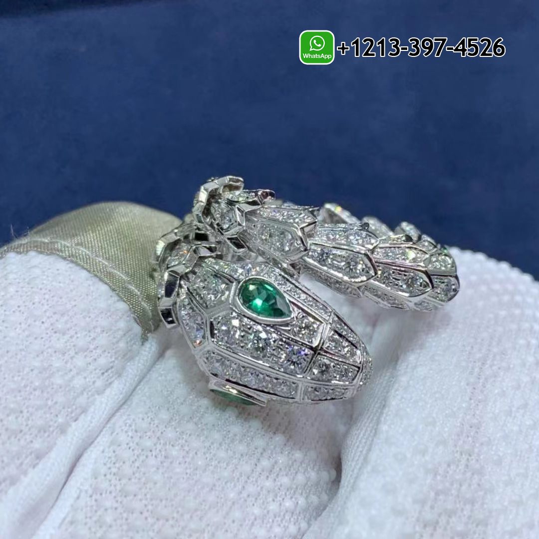 Bvlgari Serpenti Ring 18k White Gold with Pavé Diamonds, Emerald Eyes 354697