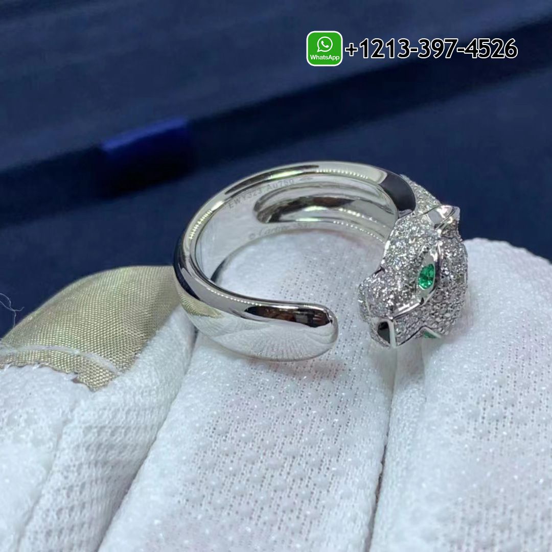Cartier 18K White Gold Diamond Emerald Onyx Panthere De Cartier Ring N4224900