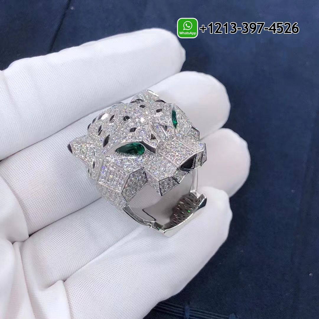 Cartier 18K White Gold Full Pave Diamonds Onyx Panthère De Cartier Ring H4179600