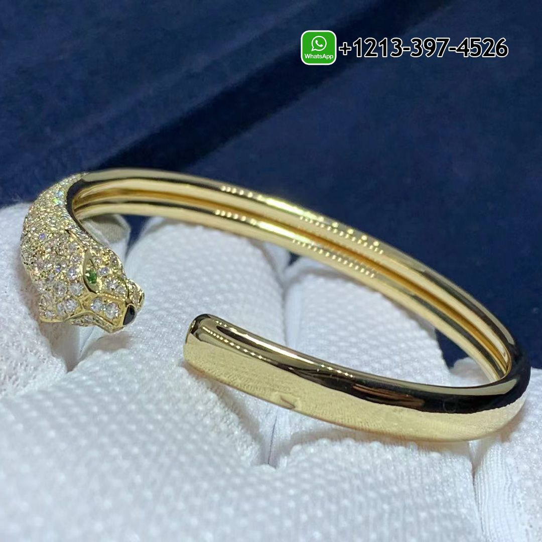 Cartier 18K Yellow Gold Diamond Emerald Onyx Small Model Panthere De Cartier Bracelet N6725817