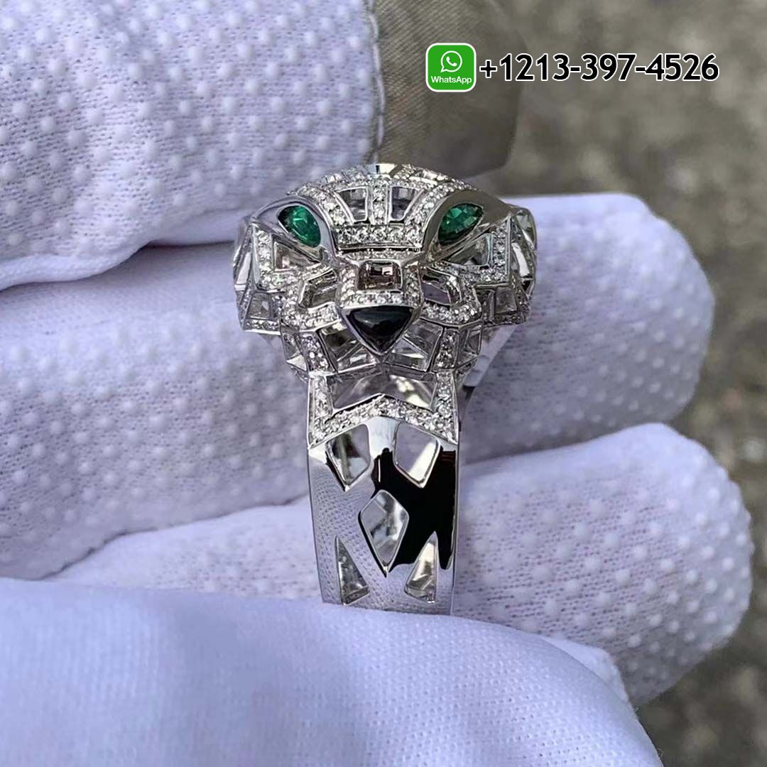Cartier 18k White Gold Diamond Emerald Onyx Panthère de Cartier Ring N4768000