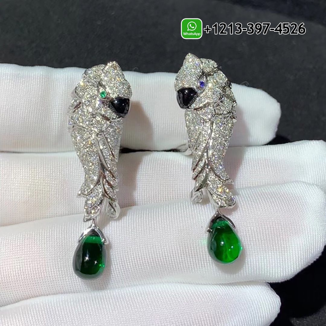 Cartier Les Oiseau Liberes 18k White Gold Emeralds & Diamond Paved Parrot Drop Earrings H8000125