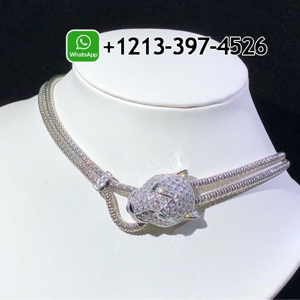 Cartier Panthere De 18k White Gold Diamond Emerald Onyx Cartier Necklace N7408238